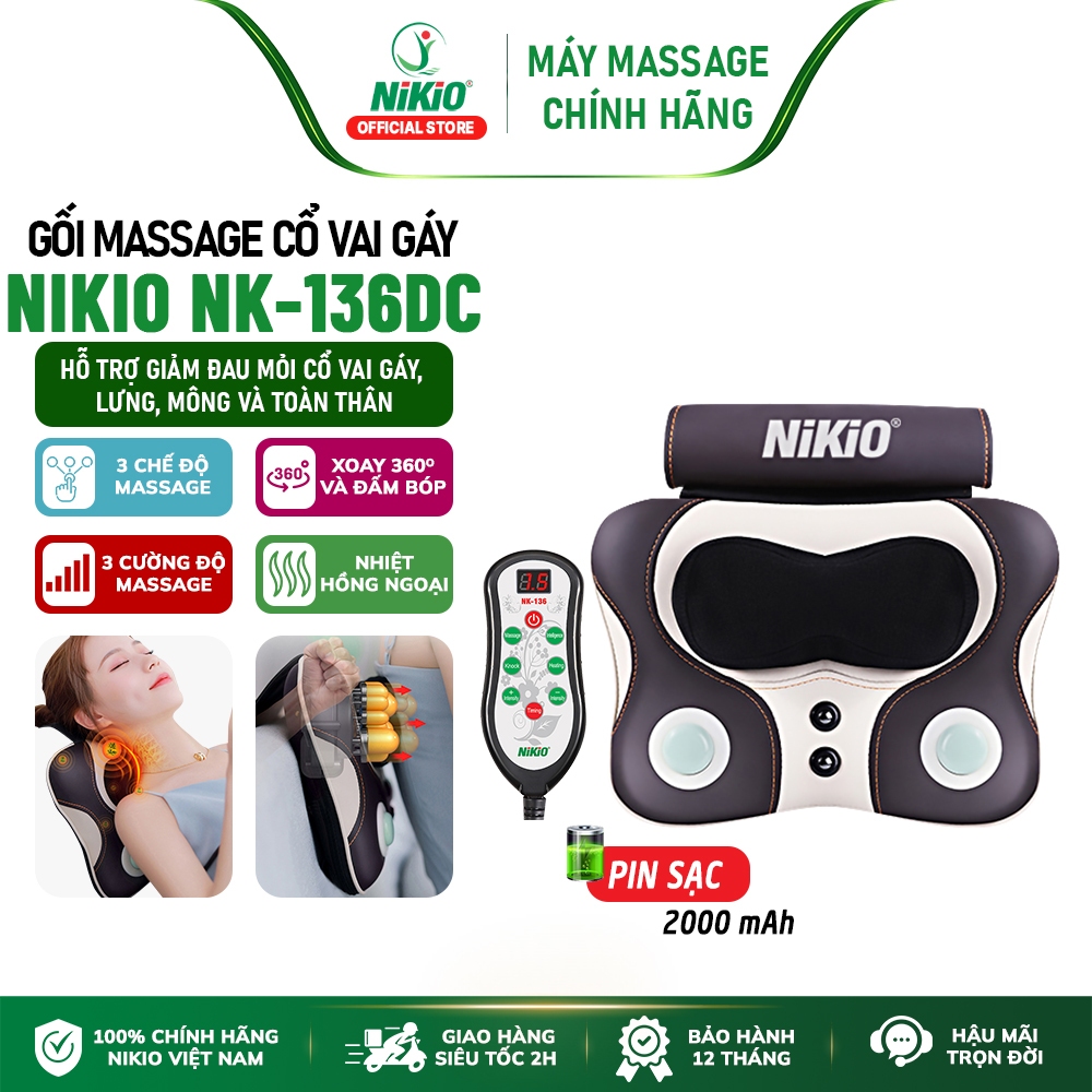 Gối Massage Cổ Vai Gáy Đấm Bóp, Xoa Bóp Nikio NK-136 - Massage đèn hồng ngoại
