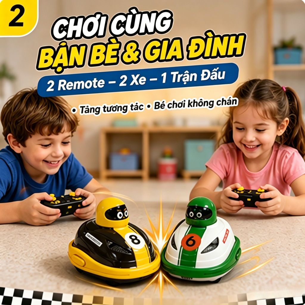 🎉 Xe Đụng Điều Khiển Đa Năng - 2 Người Chơi, Chơi Tại Nhà/Tiệc Sinh Nhật, Sạc Type-C, Bộ Đầy Đủ Cho Bé 6+