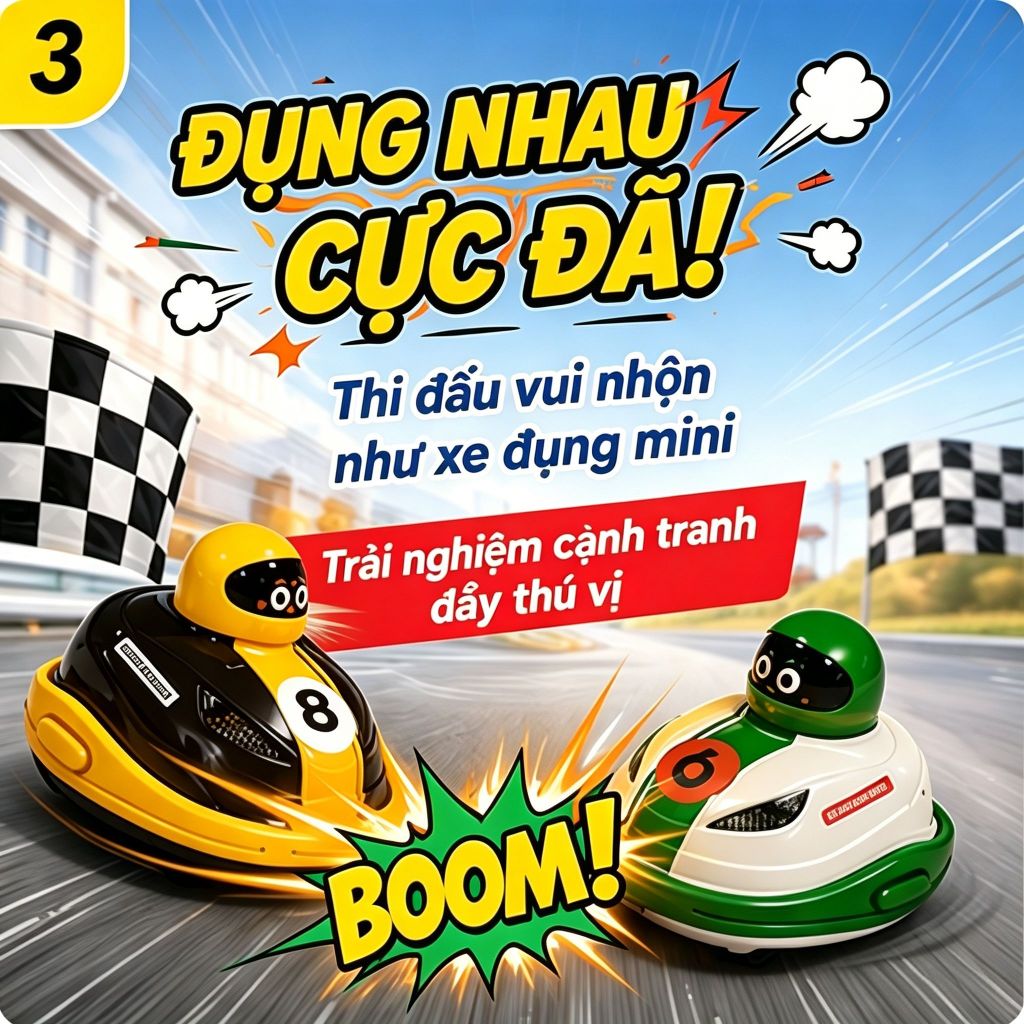 🎉 Xe Đụng Điều Khiển Đa Năng - 2 Người Chơi, Chơi Tại Nhà/Tiệc Sinh Nhật, Sạc Type-C, Bộ Đầy Đủ Cho Bé 6+