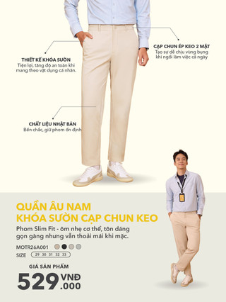 [BST EASY OFFICE] Quần Âu Nam Yody Khóa Sườn Cạp Chun Keo MOTR26A001