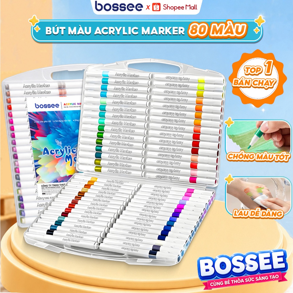 Hộp Bút Màu Bossee Acrylic Marker 12/24/36/48/60/80 Màu, Màu Marker Vẽ Diy Trên Nhiều Chất Liệu