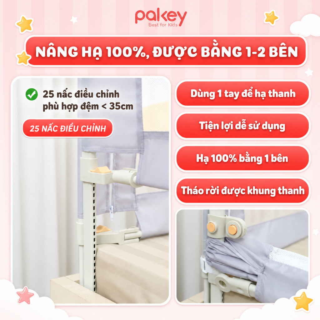 [HỎA TỐC] Thanh Chắn Giường PAKEY Chính Hãng, Thanh Chặn Giường An Toàn Cho Bé Nâng Hạ 1-2 Bên Tiện Lợi