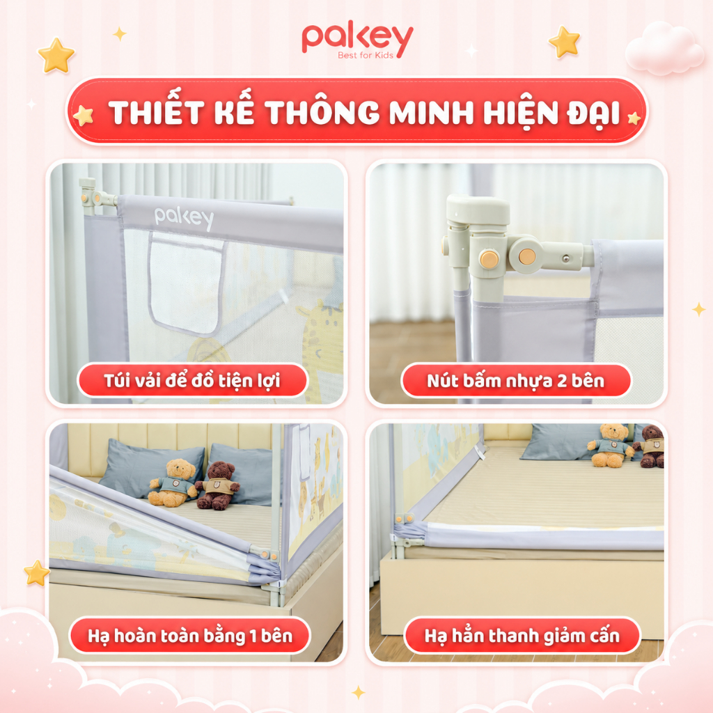 [HỎA TỐC] Thanh Chắn Giường PAKEY Chính Hãng, Thanh Chặn Giường An Toàn Cho Bé Nâng Hạ 1-2 Bên Tiện Lợi