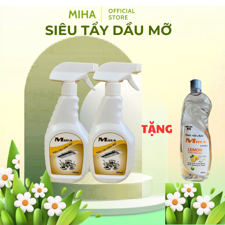 Combo 2 chai Siêu Tẩy Dầu Mỡ MiHa tặng 1 chai nước rửa chén đậm đặc x5