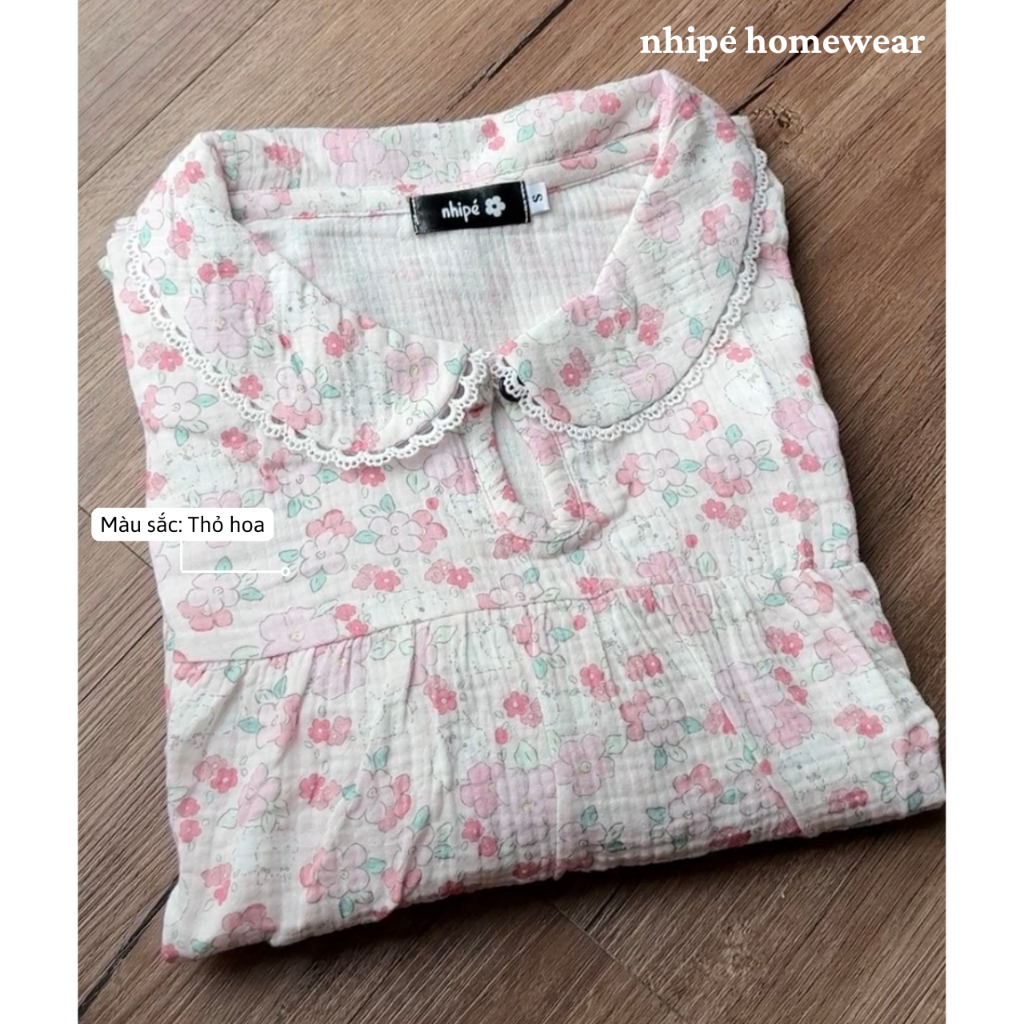 Bộ đồ xô tay bồng quần đùi cổ sen Nhipé homewear nữ set đồ ngủ mặc nhà chất liệu cao cấp mềm mịn thoáng mát