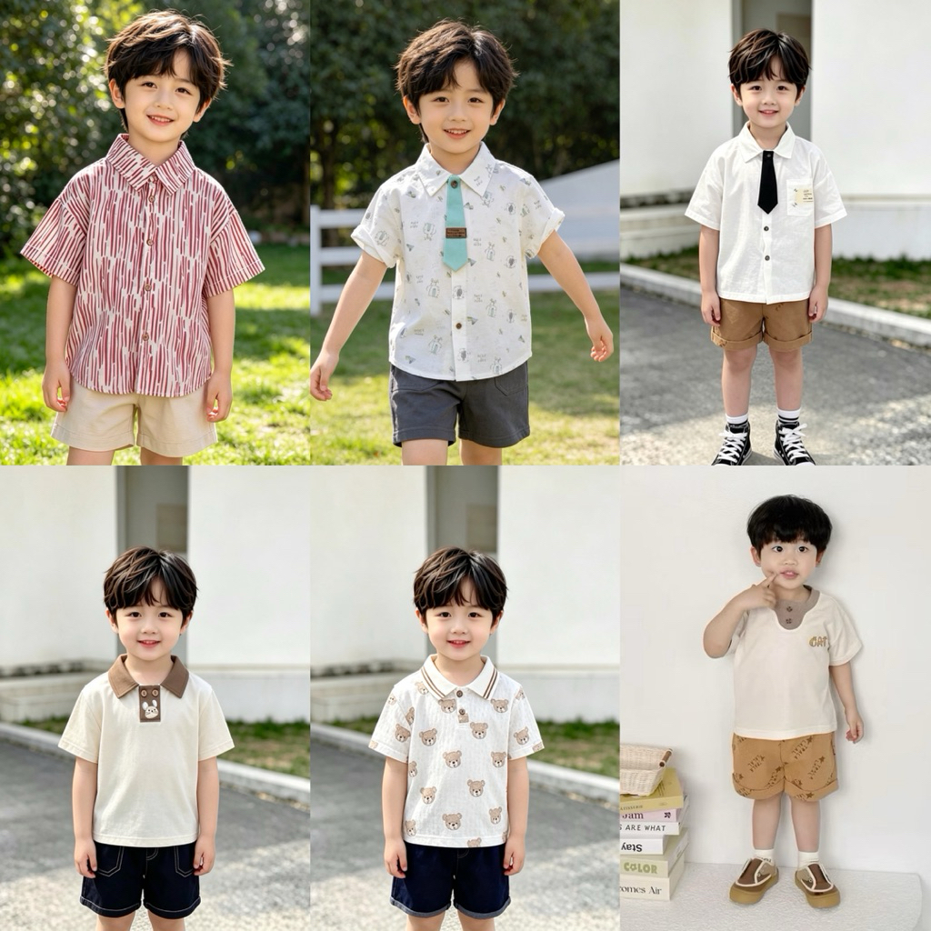 Set đồ bé trai cộc tay Minium Bebu size 80–120 (8–23kg), quần áo trẻ em co giãn, thoáng mát, mặc hè đi học đi chơi