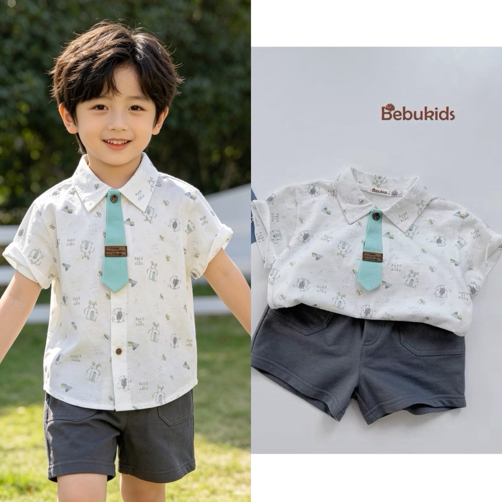 Set đồ bé trai cộc tay Minium Bebu size 80–120 (8–23kg), quần áo trẻ em co giãn, thoáng mát, mặc hè đi học đi chơi