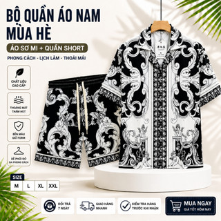 bộ đồ cộc tay mặc đi biển chất lụa họa tiết dáng suông mát mẻ, bộ sơ mi phong cách thời thượng N39