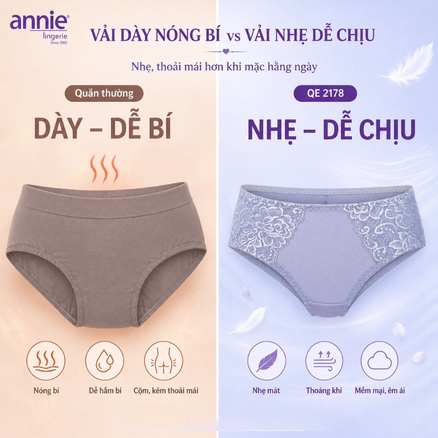 Combo 5 quần lót nữ phối ren annie QE2178 không vết hằn, co giãn 4 chiều, lưng thấp mặc thoải mái