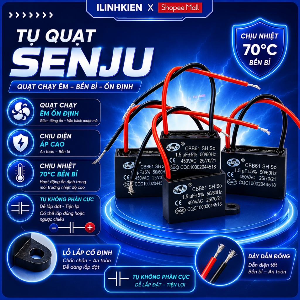 Tụ quạt điện SENJU cbb61 1uF-16uF tụ quạt senko, tụ quạt trần chính hãng đảm bảo chất lượng ilinhkien.