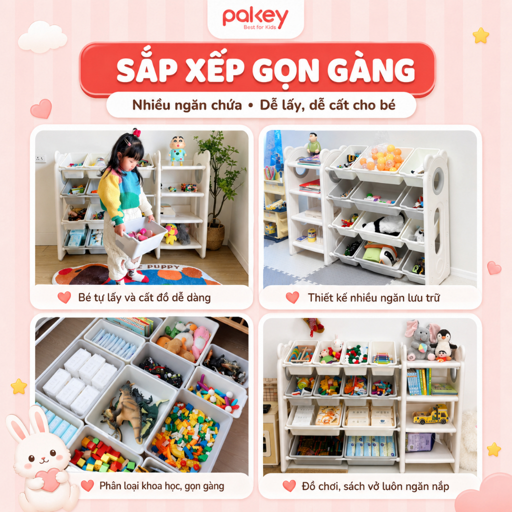 [HỎA TỐC] Kệ Đồ Chơi Cho Bé Chính Hãng Pakey - Kệ Nhựa Đựng Đồ Siêu Chắc Chắn, Nhựa Nguyên Sinh An Toàn, Bảo Hành 1 Năm