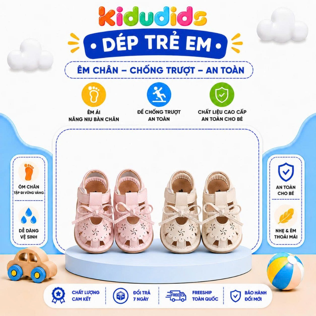 Giày Sandal Bé Gái Tập Đi Kidudids Chống Trượt Đế Mềm Êm Chân Mũi Kín Cao Cấp Size 16-20