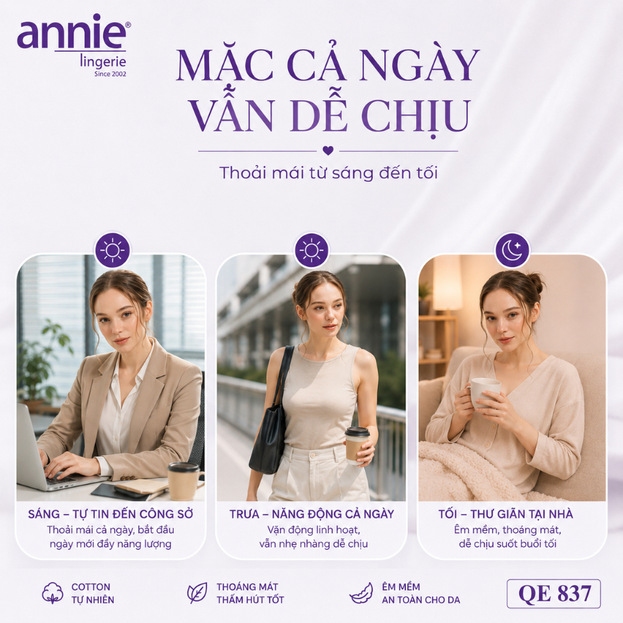Combo 3 quần lót nữ trơn vải cotton annie QE837 form basic trẻ trung năng động, thoáng mát