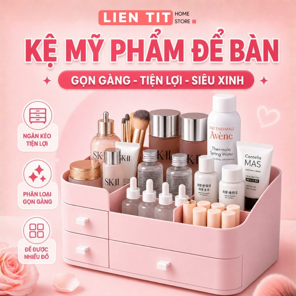 Kệ Đựng Mỹ Phẩm Đồ Trang Điểm Để Bàn Kích Thước Lớn, Khay Để Mĩ Phẩm Có Hộp Ngăn Kéo Tiện Lợi