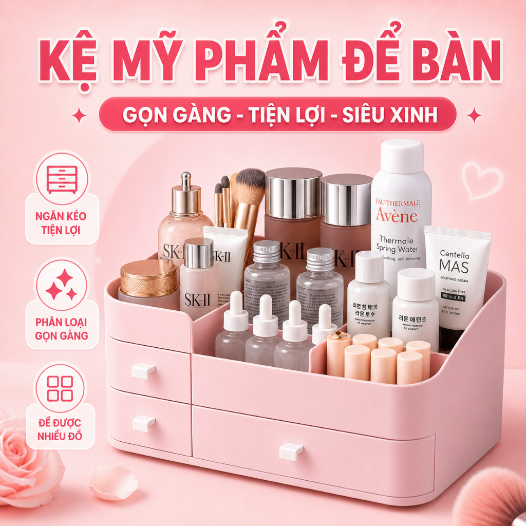 Kệ Đựng Mỹ Phẩm Đồ Trang Điểm Để Bàn Kích Thước Lớn, Khay Để Mĩ Phẩm Có Hộp Ngăn Kéo Tiện Lợi