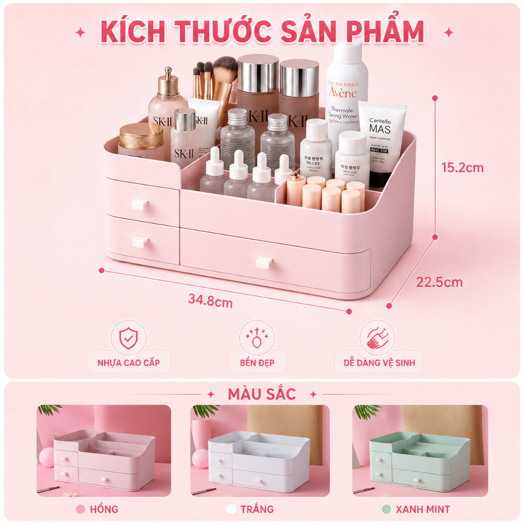 Kệ Đựng Mỹ Phẩm Đồ Trang Điểm Để Bàn Kích Thước Lớn, Khay Để Mĩ Phẩm Có Hộp Ngăn Kéo Tiện Lợi