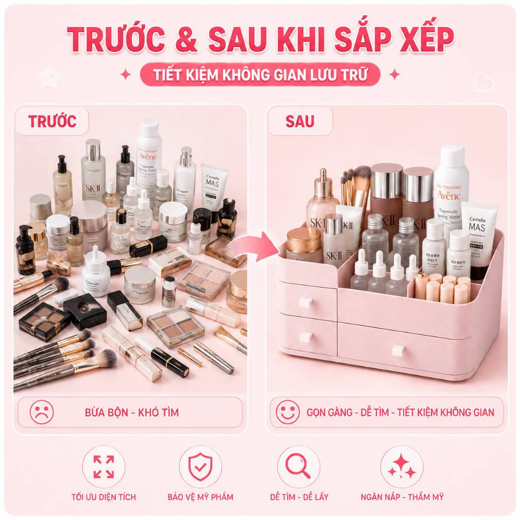 Kệ Đựng Mỹ Phẩm Đồ Trang Điểm Để Bàn Kích Thước Lớn, Khay Để Mĩ Phẩm Có Hộp Ngăn Kéo Tiện Lợi