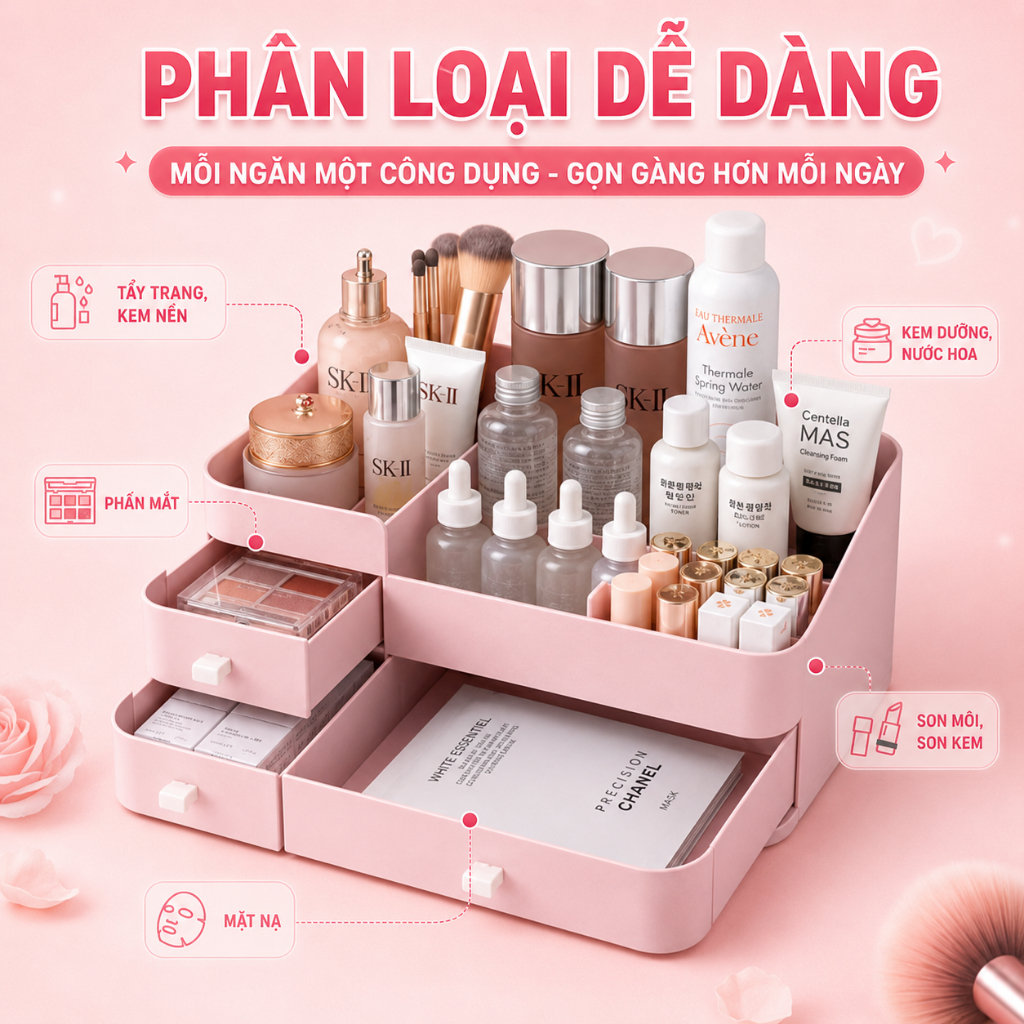 Kệ Đựng Mỹ Phẩm Đồ Trang Điểm Để Bàn Kích Thước Lớn, Khay Để Mĩ Phẩm Có Hộp Ngăn Kéo Tiện Lợi