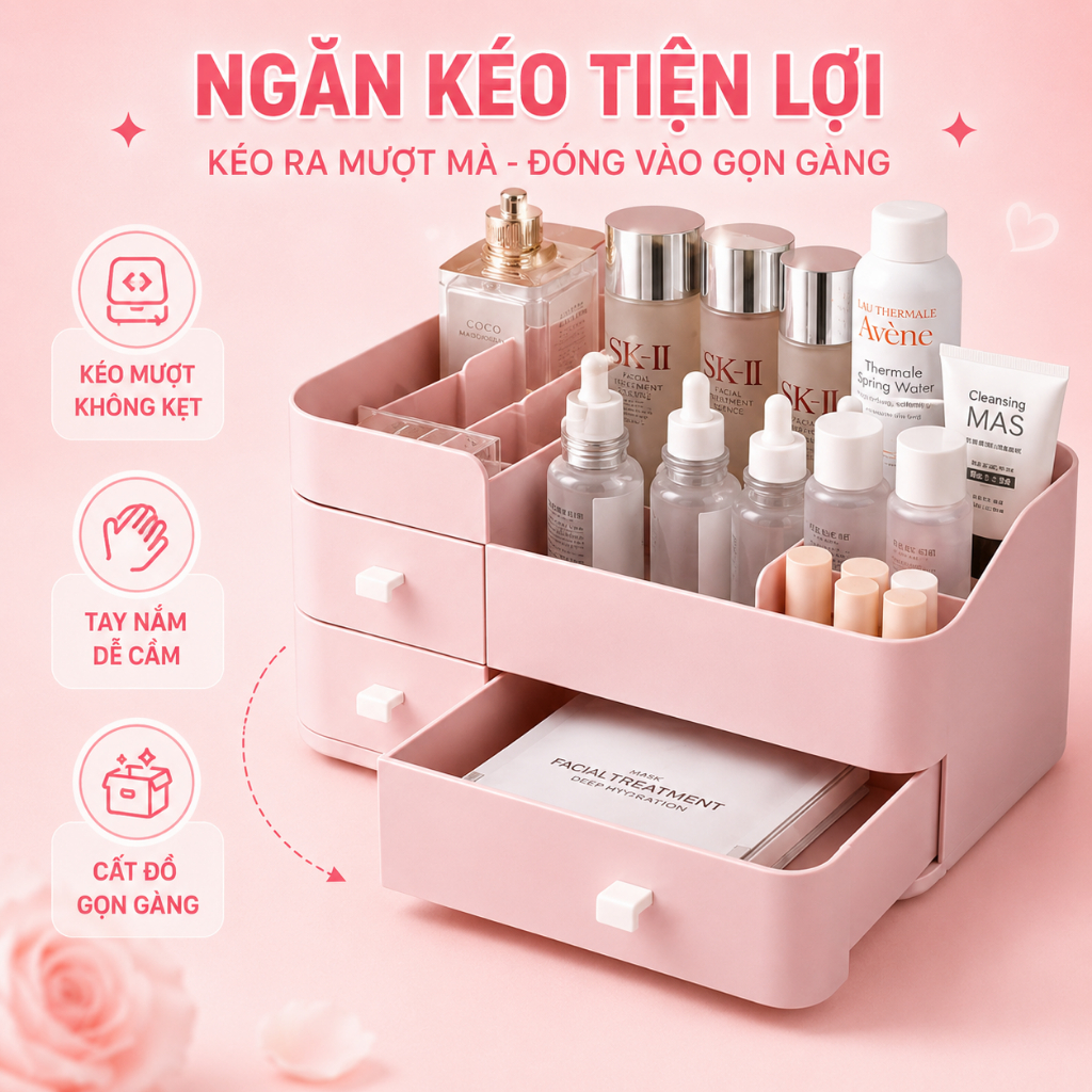 Kệ Đựng Mỹ Phẩm Đồ Trang Điểm Để Bàn Kích Thước Lớn, Khay Để Mĩ Phẩm Có Hộp Ngăn Kéo Tiện Lợi