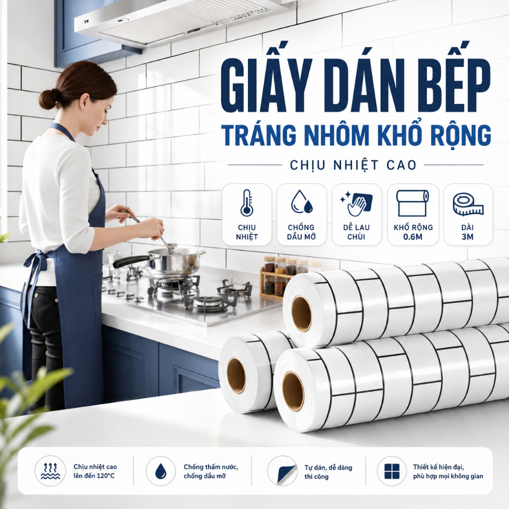 Decal Dán Bếp 60cmx3m Chống Dầu Mỡ Tráng Nhôm Dễ Lau Chùi, Giấy Dán Tường Bếp Giả Gạch Hoa Văn Đẹp