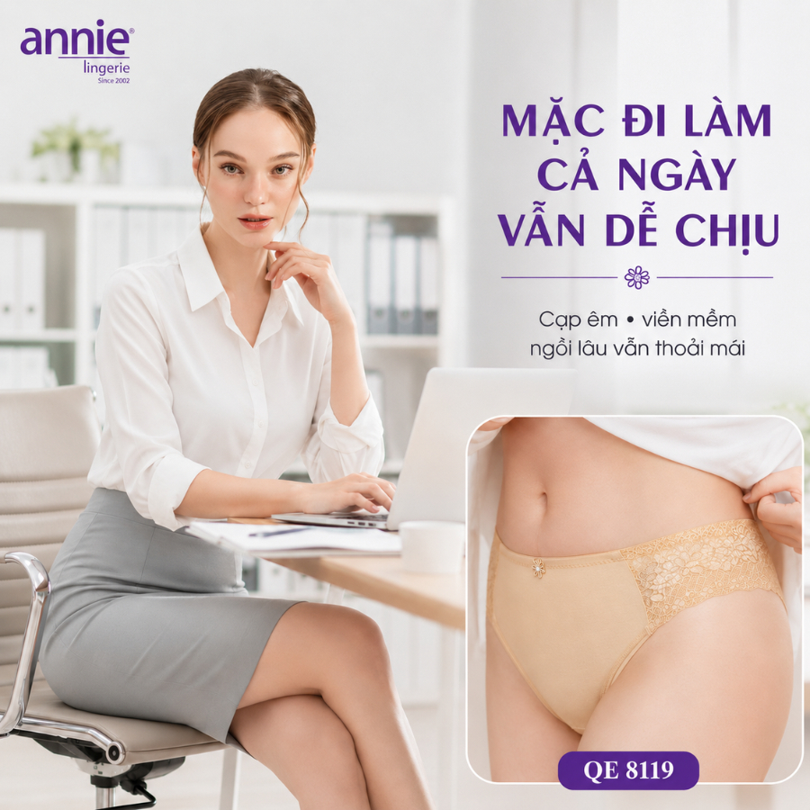 Quần lót nữ trơn viền ren annie QE8119 nữ tính, mềm mại, co giãn tốt ôm sát vòng 3, thoáng mát