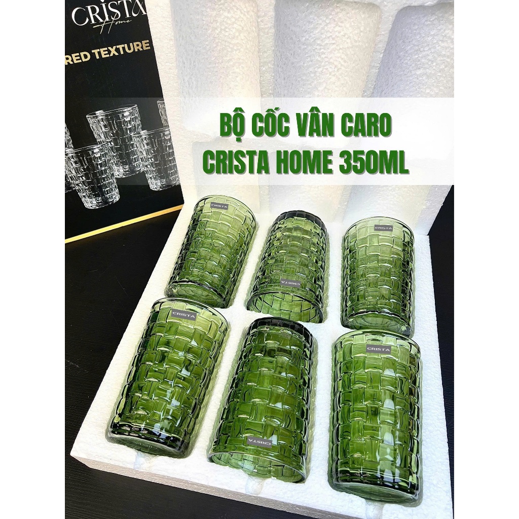 Bộ 6 Cốc Thủy Tinh Vân Caro Xanh Olive Crista Home 350ml Cao Cấp