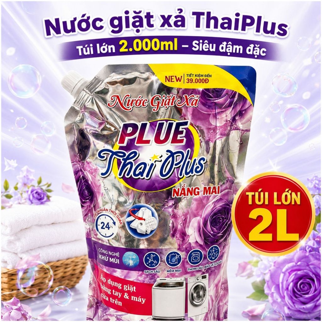 Thanh lý - 1 Thùng 6 Túi Nước Giặt Xả ThaiPlus 2000ml/túi Siêu Đậm Đặc Thơm Lâu Tiết Kiệm