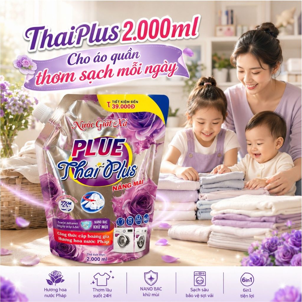 Thanh lý - 1 Thùng 6 Túi Nước Giặt Xả ThaiPlus 2000ml/túi Siêu Đậm Đặc Thơm Lâu Tiết Kiệm