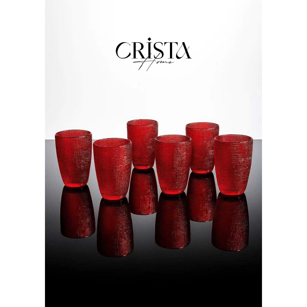Bộ 6 Cốc Thủy Tinh Vân Lưới Dập Nổi Crista 420ml – Màu đỏ Ruby – Hàng Cao Cấp
