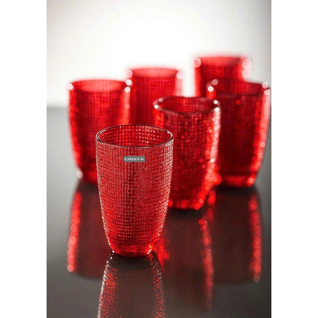 Bộ 6 Cốc Thủy Tinh Vân Lưới Dập Nổi Crista 420ml – Màu đỏ Ruby – Hàng Cao Cấp