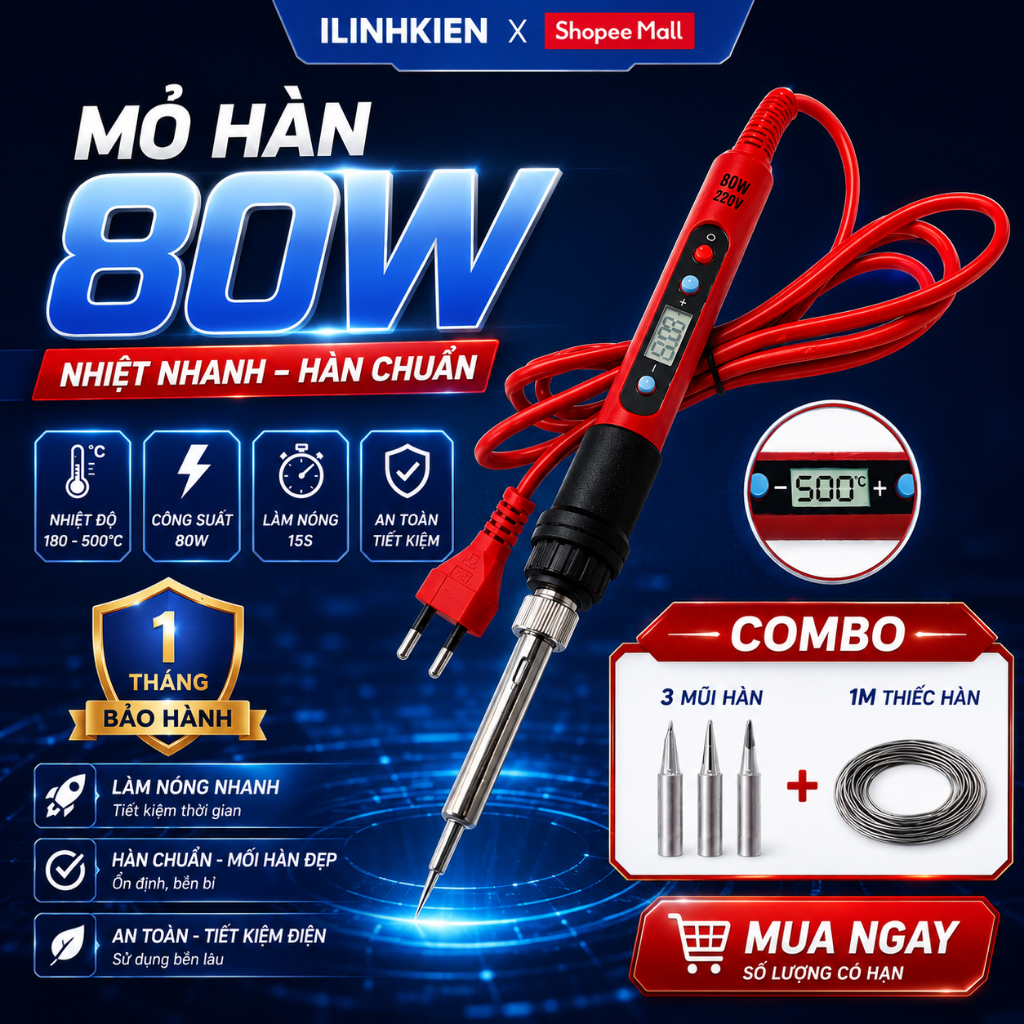 Mỏ hàn 80W điều chỉnh nhiệt độ kèm mũi hàn xịn không bị đen đầu bền bỉ chất lượng cao ILinhkien