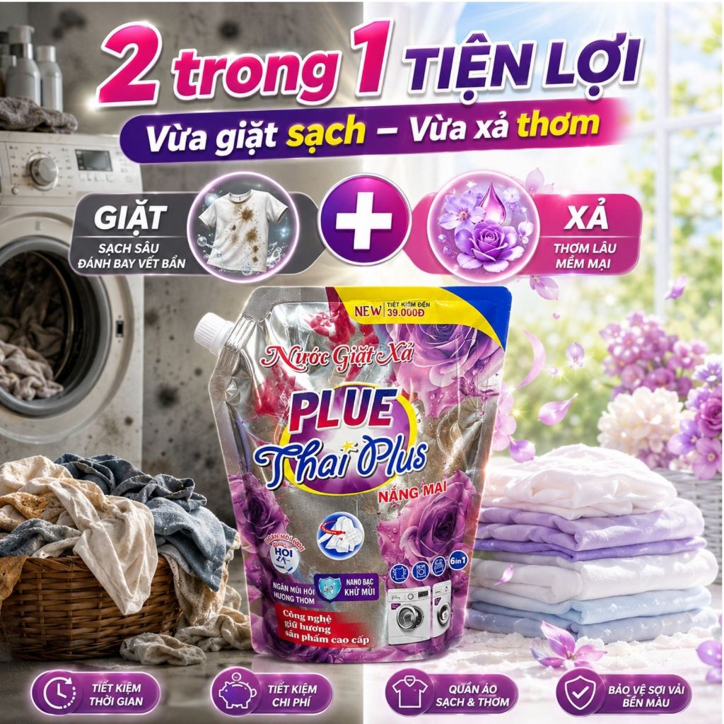 [Sỉ Thùng] Nước Giặt Xả Thái Plus siêu đậm đặc siêu thơm túi lớn 2.000ml nước giặt xả hương nắng mai