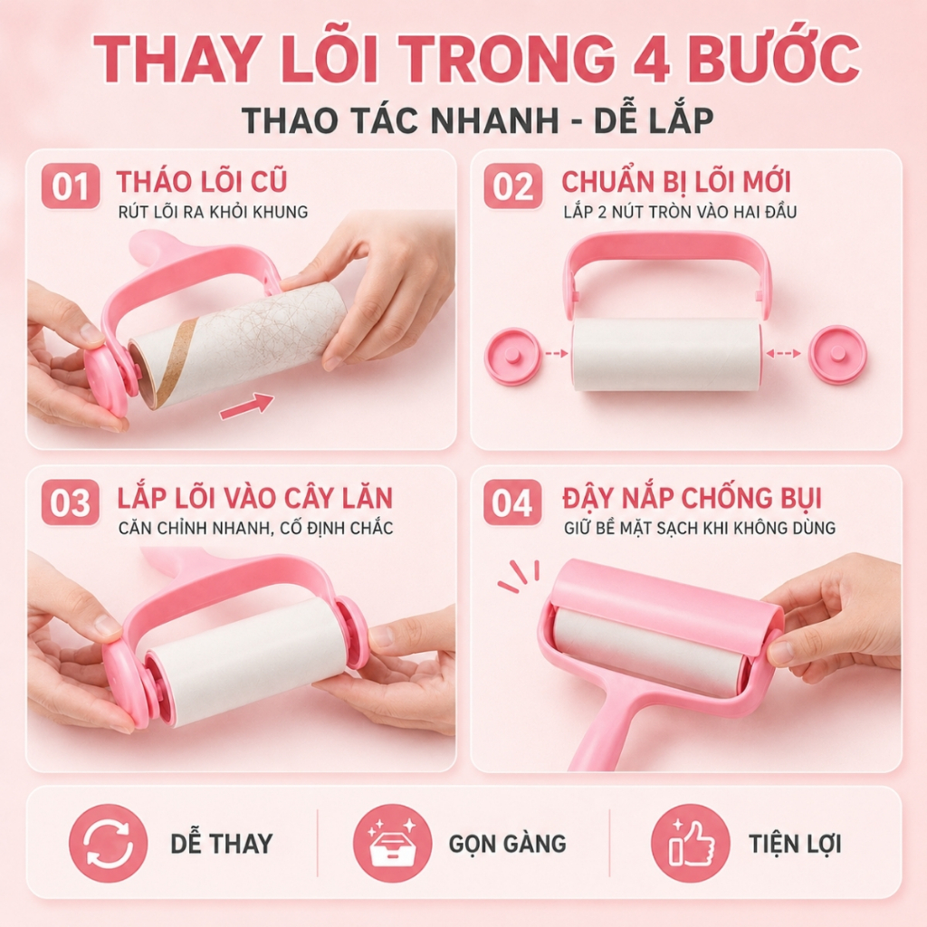 Cây Lăn Bụi Làm Sạch Quần Áo, Chăn Ga, Đệm Sofa, Thanh Lăn Lông Chó Mèo, Lõi Lăn Bụi Dự Phòng 60 Lớp