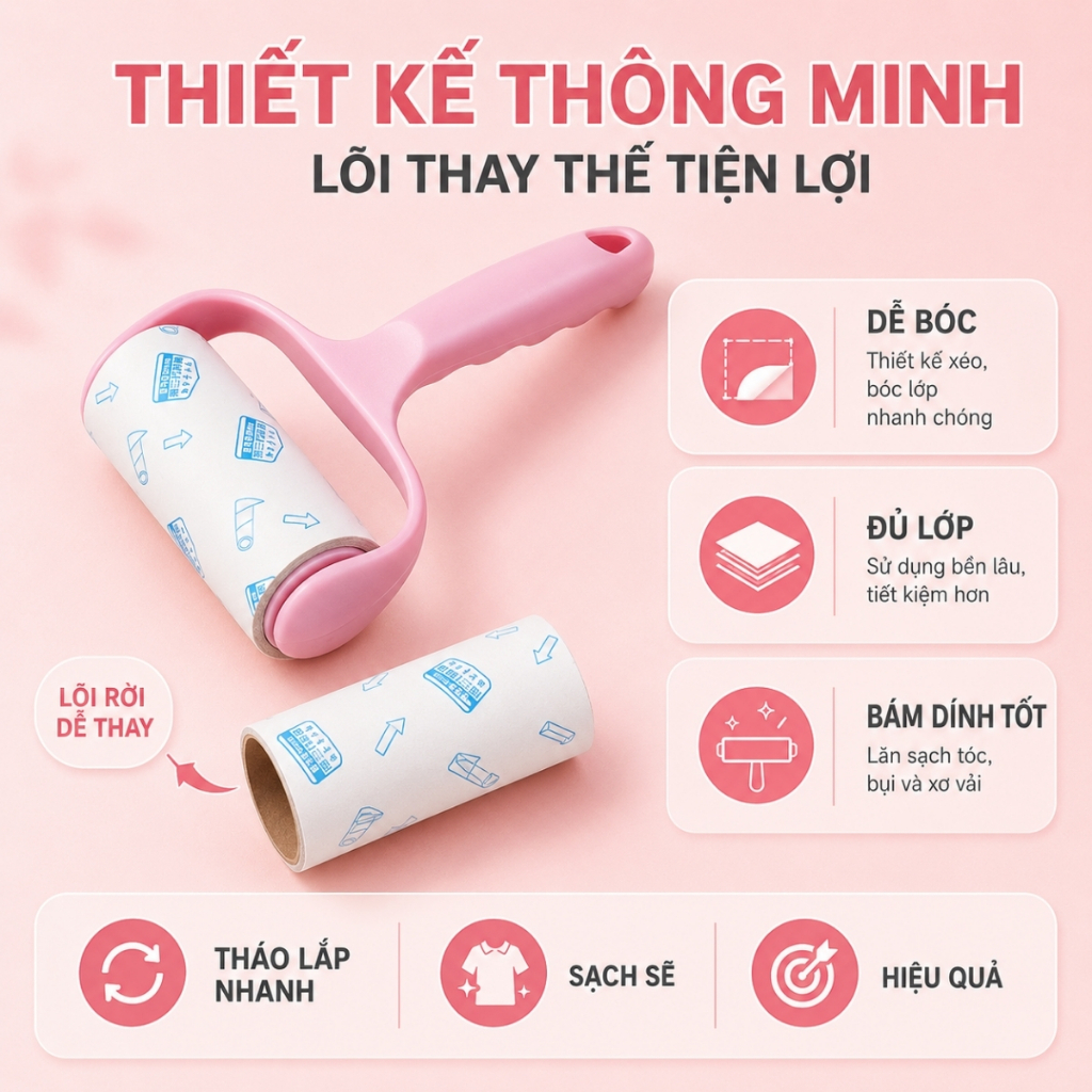 Cây Lăn Bụi Làm Sạch Quần Áo, Chăn Ga, Đệm Sofa, Thanh Lăn Lông Chó Mèo, Lõi Lăn Bụi Dự Phòng 60 Lớp