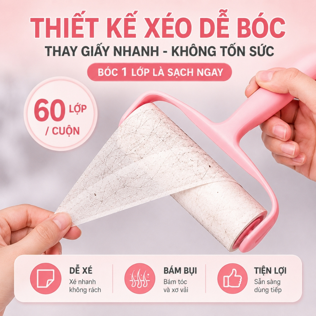 Cây Lăn Bụi Làm Sạch Quần Áo, Chăn Ga, Đệm Sofa, Thanh Lăn Lông Chó Mèo, Lõi Lăn Bụi Dự Phòng 60 Lớp