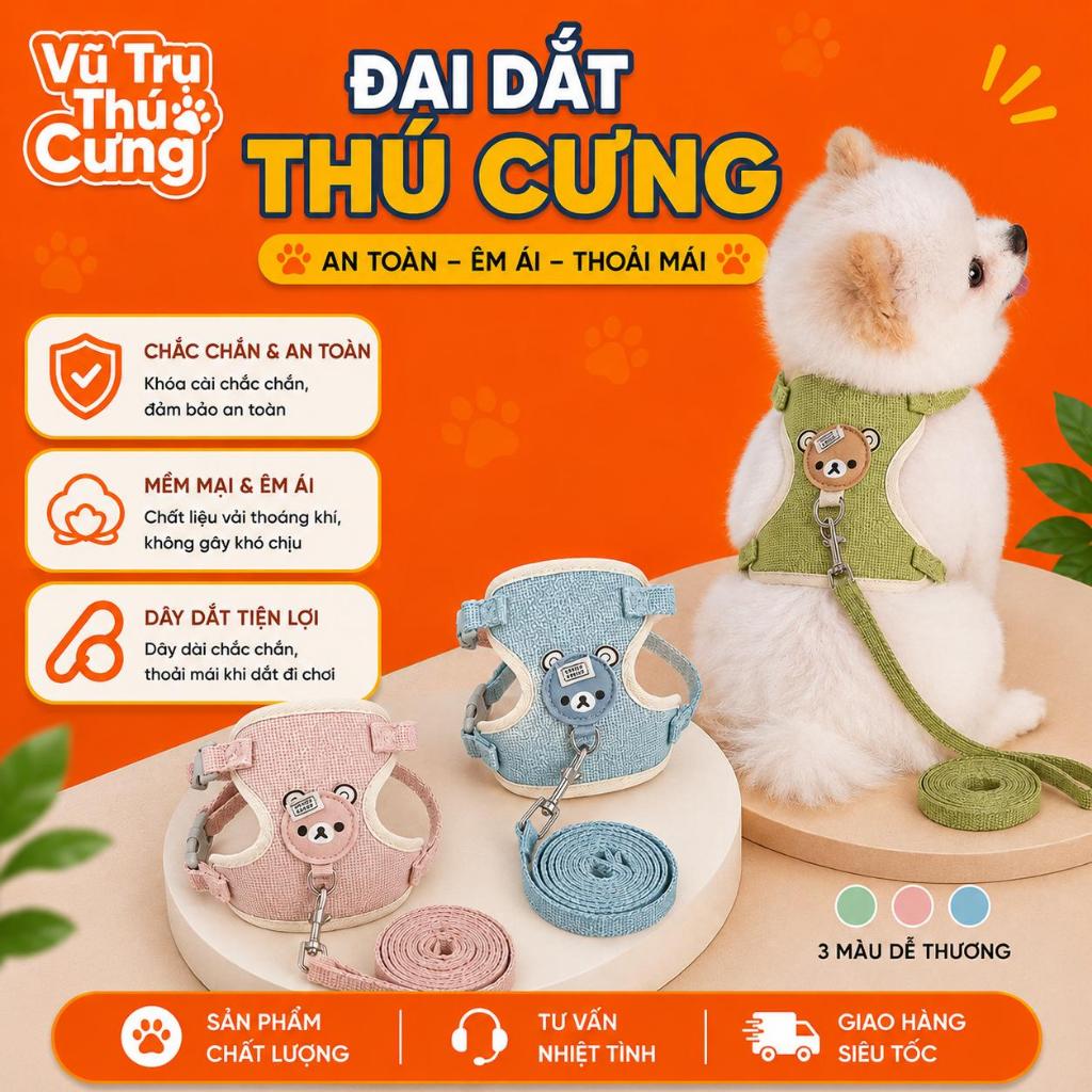 Dây dắt chó mèo dạng Yếm đeo, hoạ tiết mặt gấu dễ thương