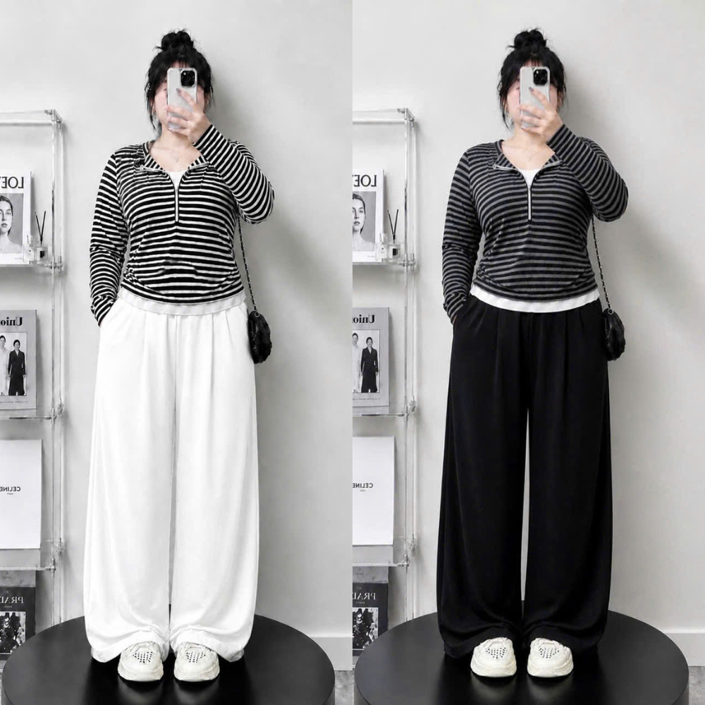 Set bigsize nữ áo sọc tay dài dáng rộng + quần ống suông lưng thun che bụng tốt 55-92kg A340+Q558