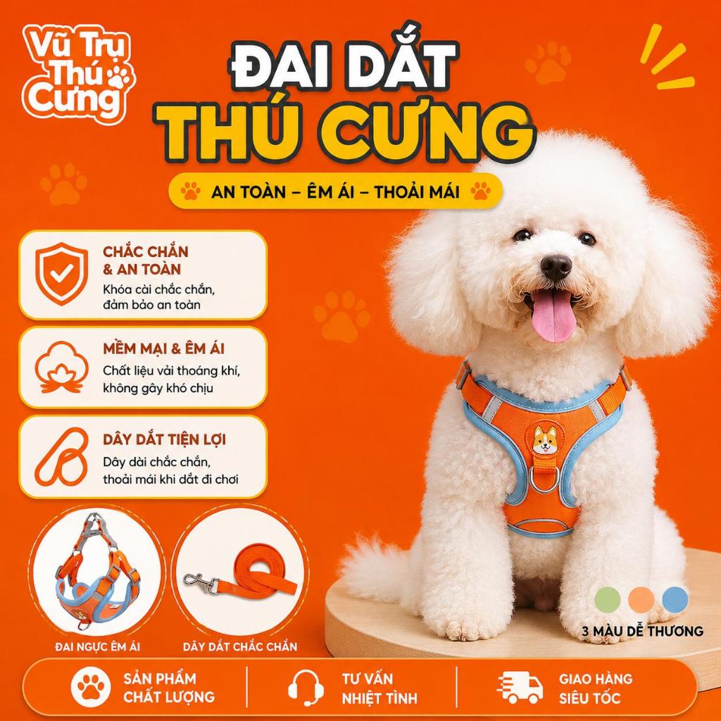 Đai yếm kèm dây dắt thú cưng đi dạo, thiết kế nịt ngực chắc chắn, tiện lợi