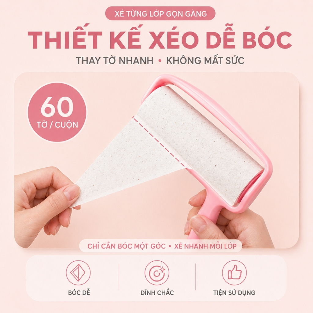 Cây Lăn Bụi Làm Sạch Quần Áo, Chăn Ga, Đệm Sofa, Thanh Lăn Lông Chó Mèo, Lõi Lăn Bụi Dự Phòng 60 Lớp