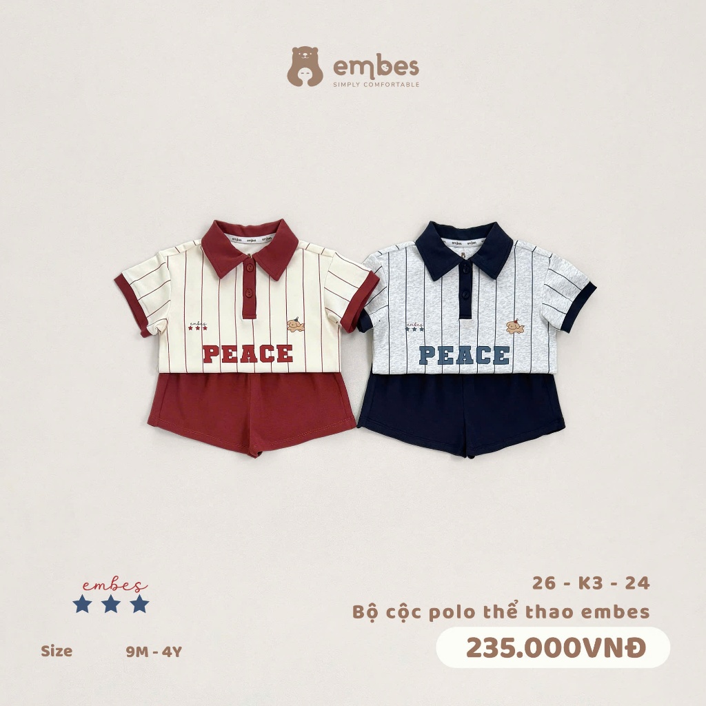 Bộ Cộc Cho Bé Embes, Bộ Polo Cộc Tay Kẻ Phối Màu Dáng Thể Thao Chất Cotton Cho Bé Trai Size 8-17kg