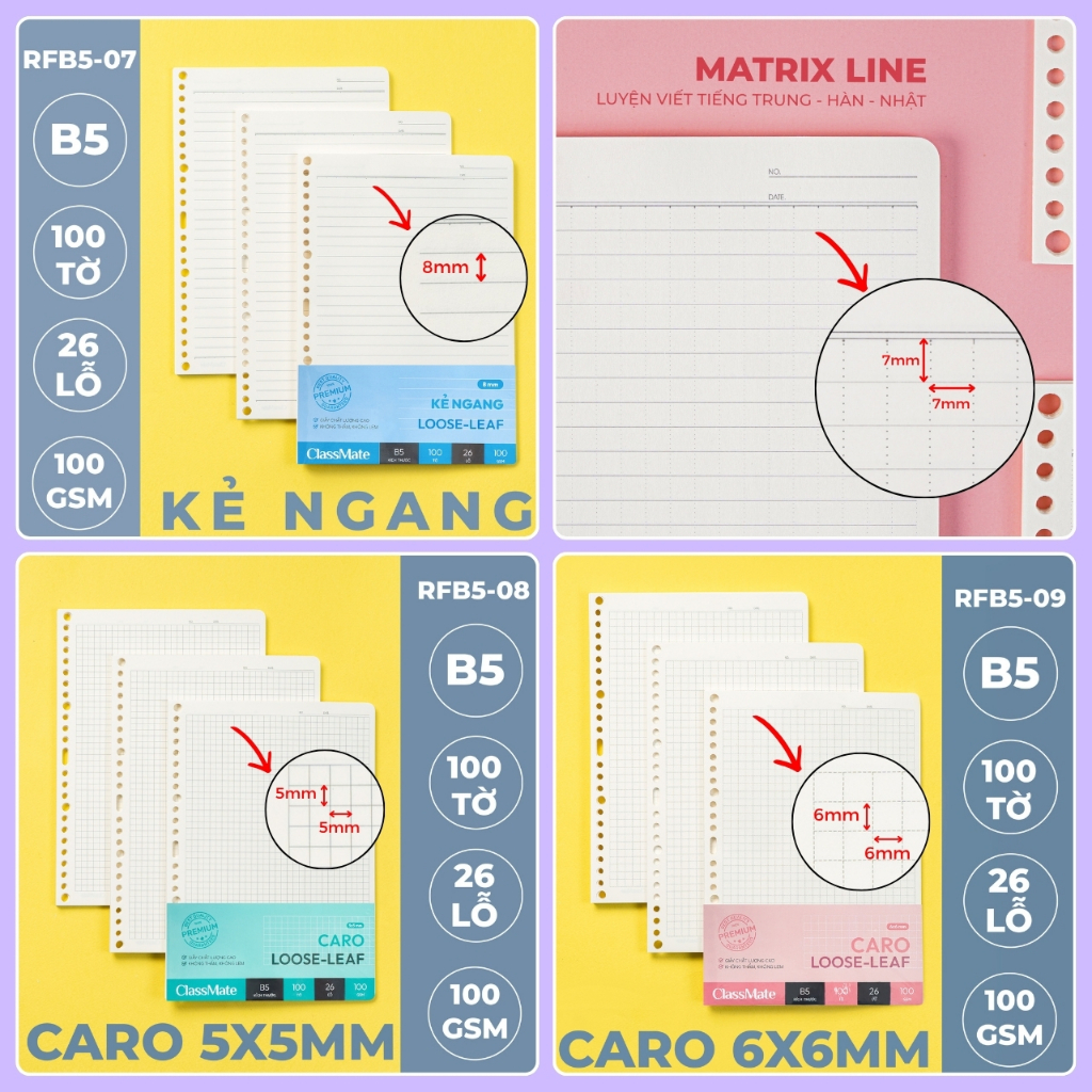 Sổ Còng Classmate 300 Trang, Còng Kim Loại Thay Được Nhiều Giấy, Giấy Refill 100GSM Đủ Loại Dòng Kẻ, Sổ Bìa Nhựa  A5 B5