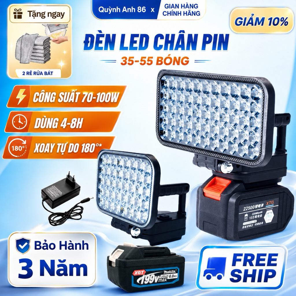 Đèn LED Siêu Sáng Sử Dụng Pin Makita 35-55 Bóng Với 2 Chế Độ Sáng, Có Cổng Sạc Điện Thoại USB Hot