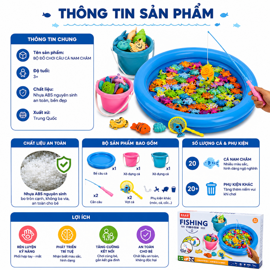 Bộ Đồ Chơi Câu Cá Nam Châm Cho Bé Kèm Bể, Cần Câu Và Vợt Cá – Rèn Luyện Khéo Léo, Tương Tác Gia Đình