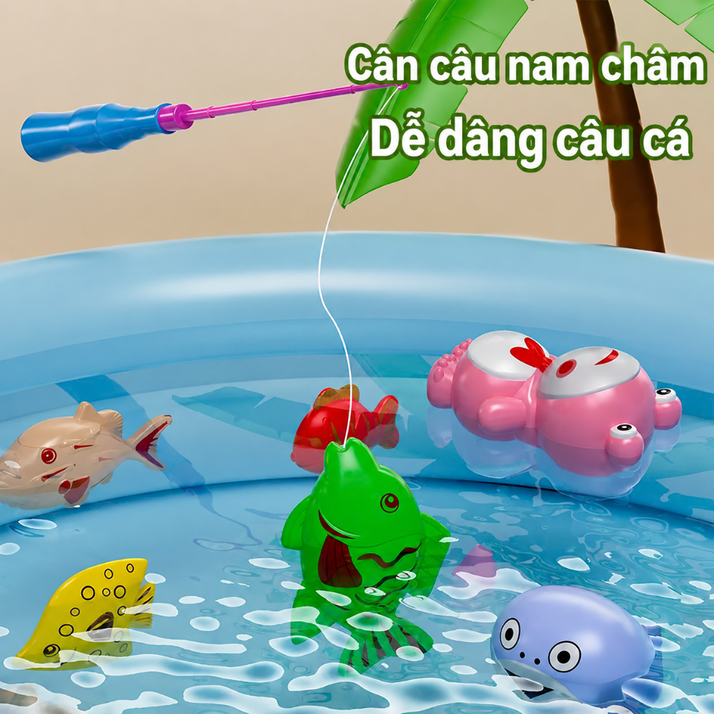 Bộ Đồ Chơi Câu Cá Nam Châm Cho Bé Kèm Bể, Cần Câu Và Vợt Cá – Rèn Luyện Khéo Léo, Tương Tác Gia Đình