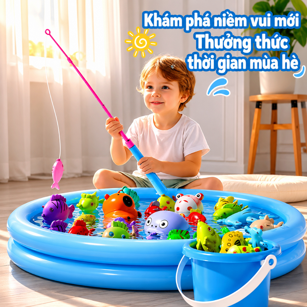 Bộ Đồ Chơi Câu Cá Nam Châm Cho Bé Kèm Bể, Cần Câu Và Vợt Cá – Rèn Luyện Khéo Léo, Tương Tác Gia Đình