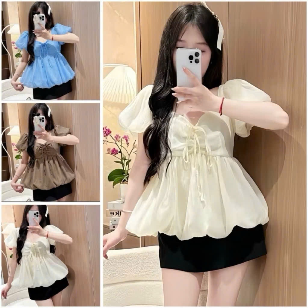 Áo Babydoll Kiểu Nữ Tay Bồng Có Dây Nơ Ngực Dáng Bí Bồng Xoè Công Chúa Tiểu Thư