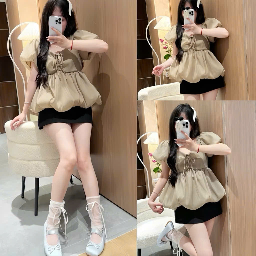 Áo Babydoll Kiểu Nữ Tay Bồng Có Dây Nơ Ngực Dáng Bí Bồng Xoè Công Chúa Tiểu Thư