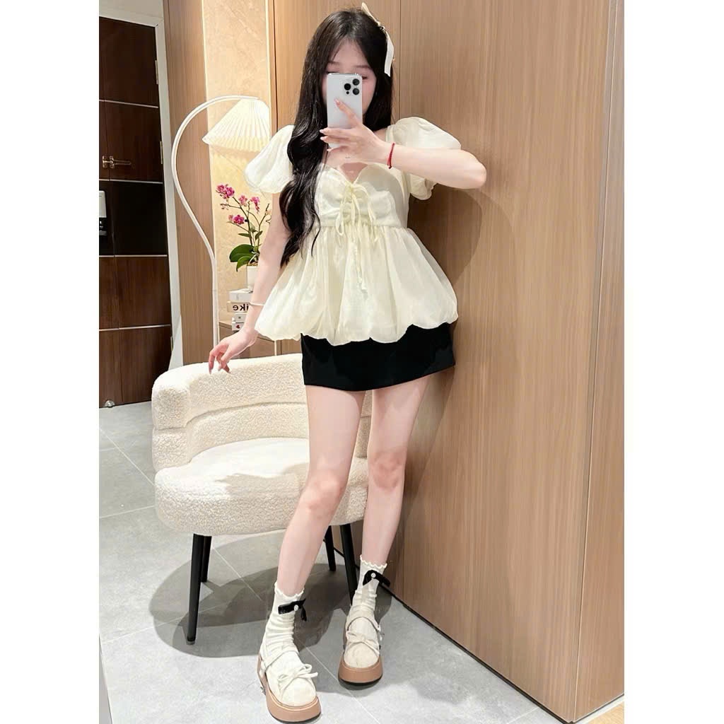 Áo Babydoll Kiểu Nữ Tay Bồng Có Dây Nơ Ngực Dáng Bí Bồng Xoè Công Chúa Tiểu Thư