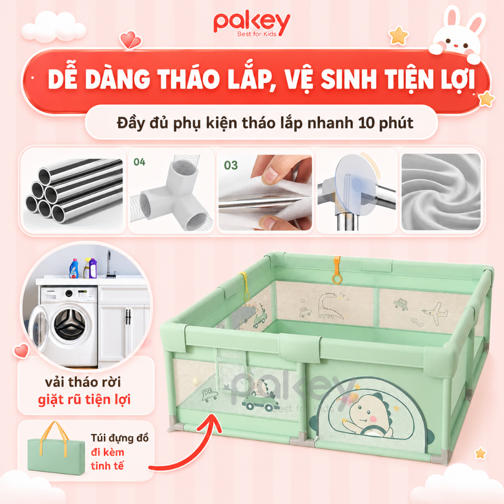 Quây Bóng Cho Bé Pakey, Quây Vải Nhà Bóng Cho Bé Khung INOX Chống Gỉ, Vải Oxford Dày Dặn Có Đế Hít Chân Không