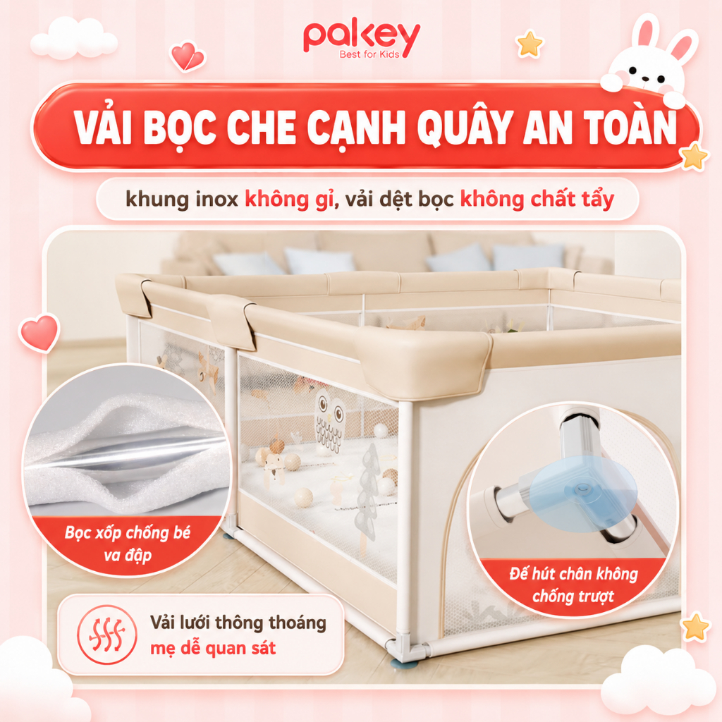 [NEW] Quây Vải Cho Bé Mẫu Mới, Quây Nhà Bóng Khung INOX Chống Gỉ, Tặng Vòng Tập Đi Cho Bé